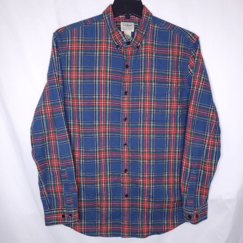 LL Bean Flannel Shirt Mens Large Scotch Plaid Blue, Red Slightly Fitted